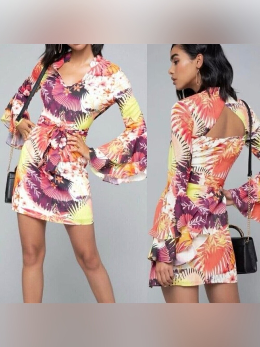 NWT BEBE Natalie Royal PALM Boho Tropical Print Statement CutOut Dress SZ 16